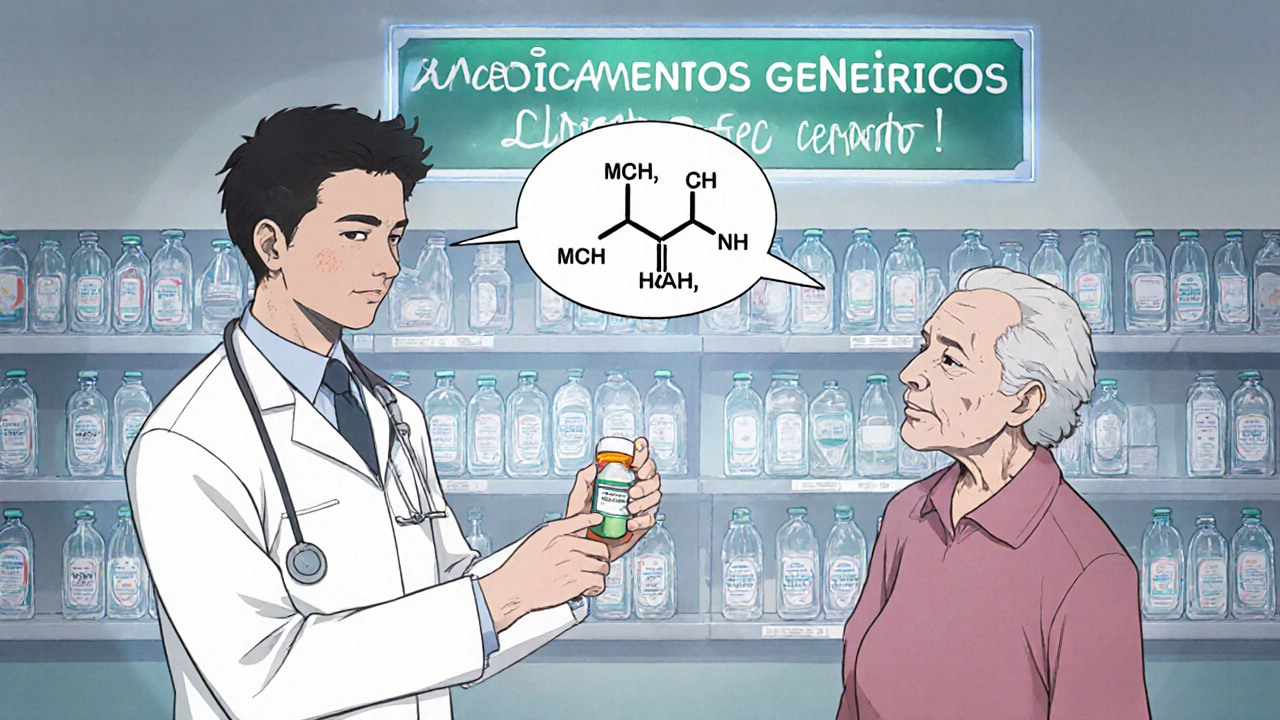 A pharmacist hands a patient a generic medication while a bilingual chemical structure floats beside them.