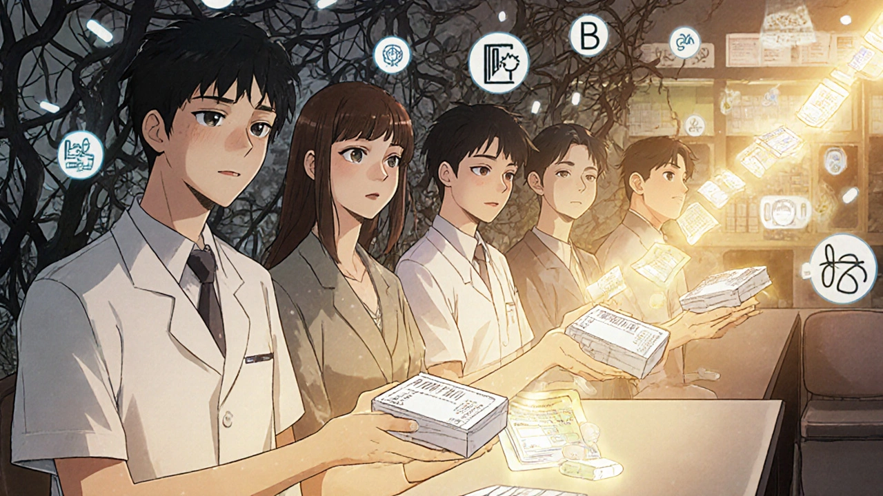 A pharmacist hands safe medication alternatives to patients with allergic reactions in a pharmacy.