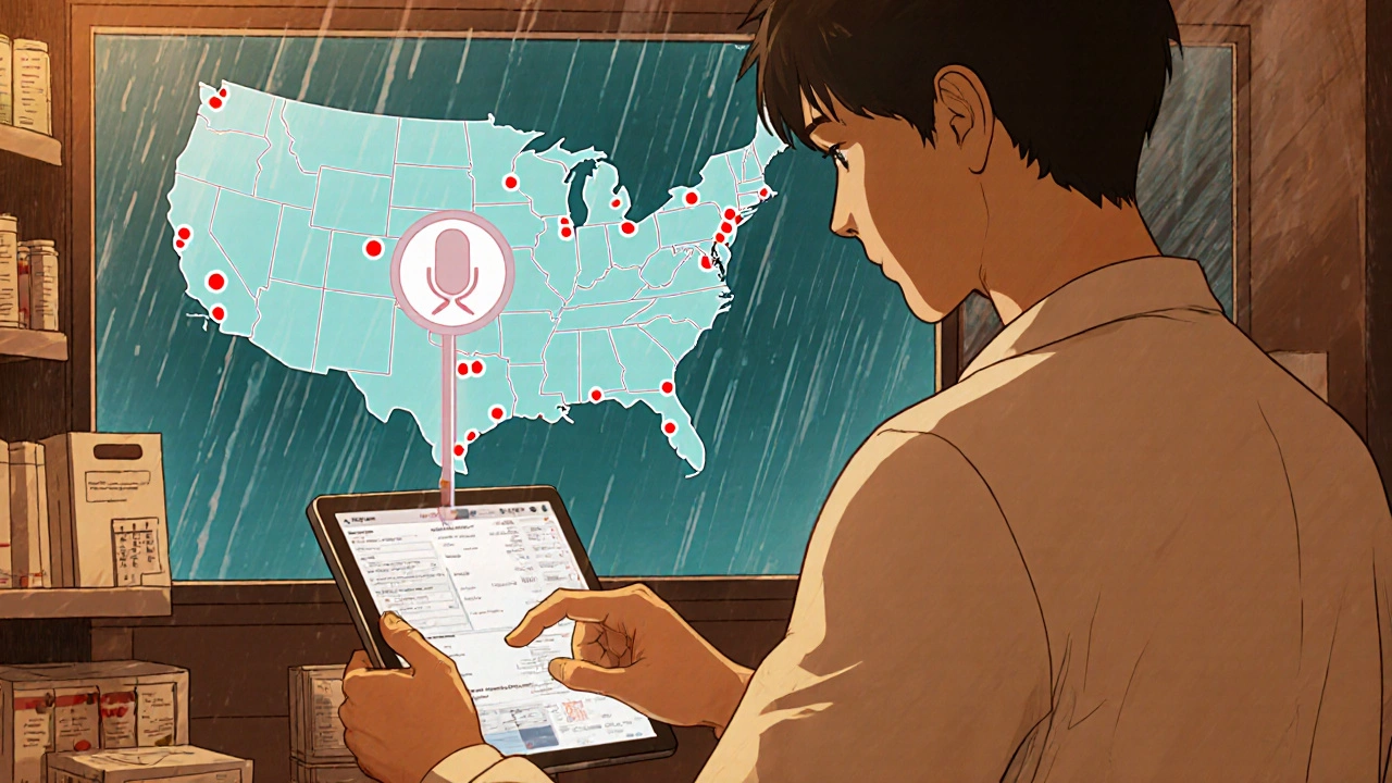 A pharmacist in a small pharmacy types in an OTC drug while a map shows disconnected pharmacies in red.