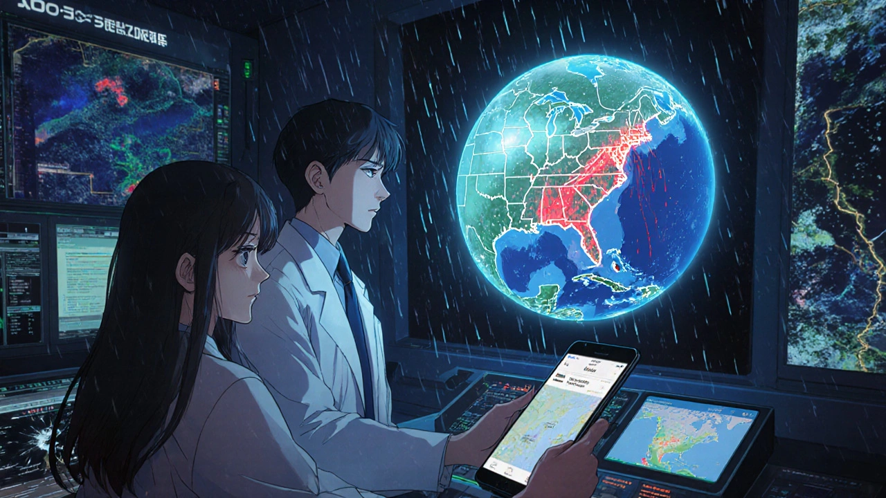 A scientist views holographic pollen maps while a girl checks a hyperlocal forecast on her phone during rain.