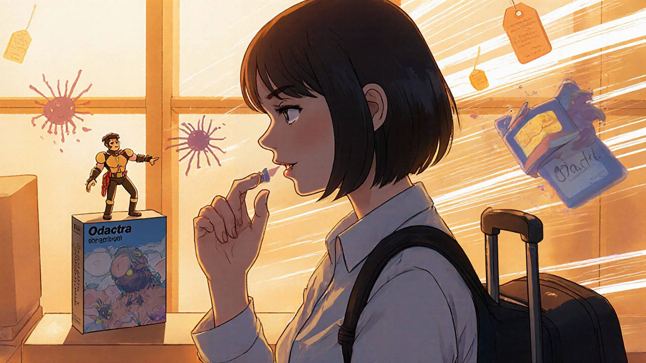 A traveler taking a sublingual tablet at an airport, fighting pollen monsters in her shadow.