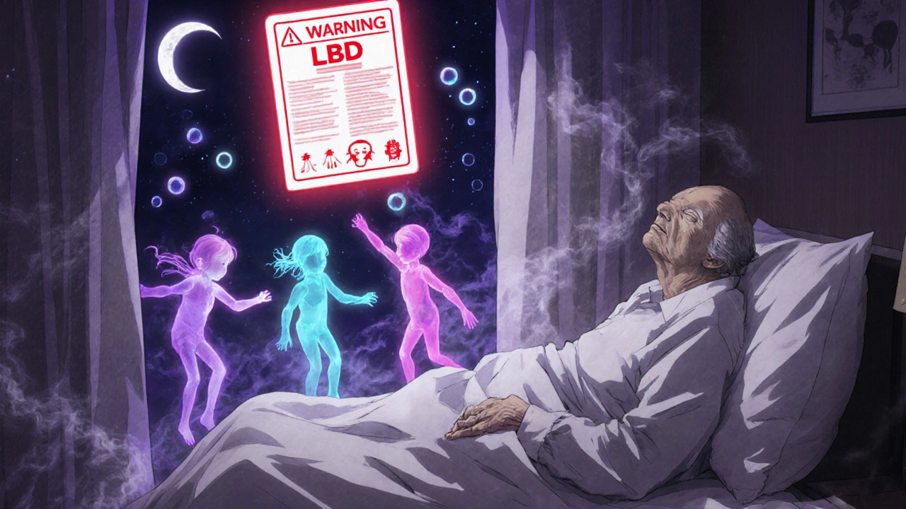 An elderly man sees glowing hallucinatory children at night, his body stiff with Parkinsonian symptoms.