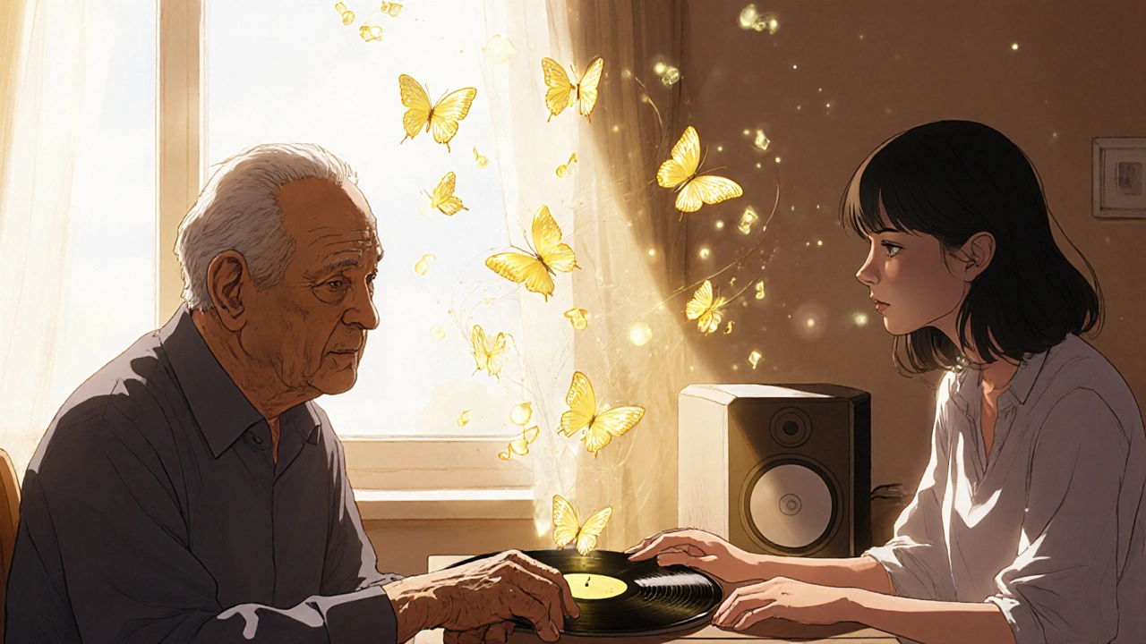 An elderly man sits by a window as golden musical notes float from a record player, gently touching his caregiver’s hand.