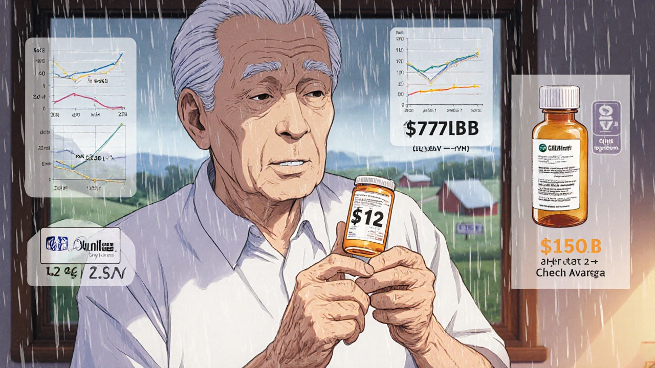 An elderly patient holds a low-cost generic pill bottle while seeing a transparent comparison to an expensive brand-name version.