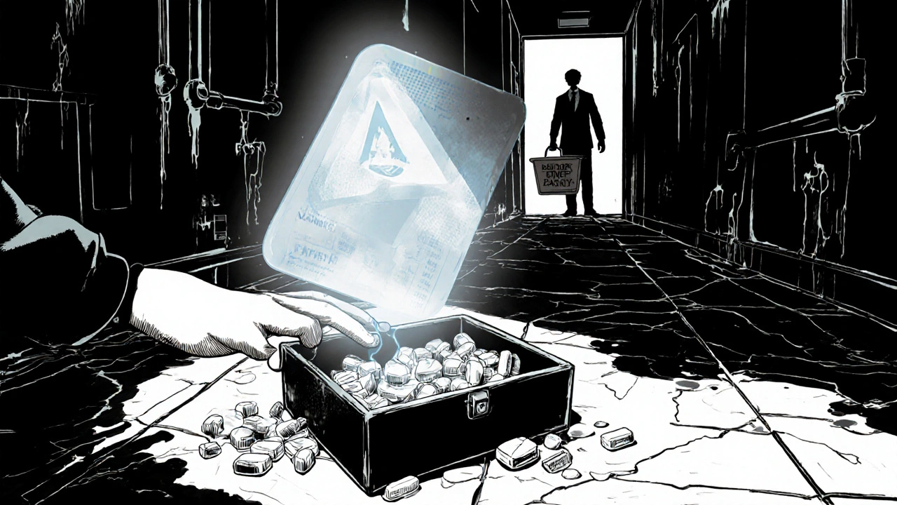 Child reaching for pills in a toy box, with a ghostly fentanyl patch floating as a warning.