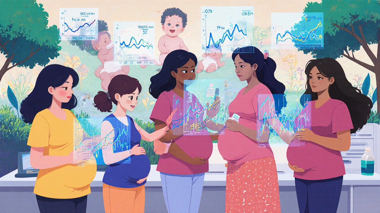 Diverse pregnant women receiving vaccines with floating scientific data in health center.