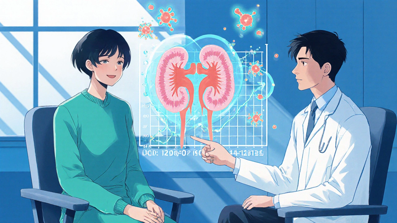 Doctor and patient reviewing kidney function data in clinic, with glowing molecules representing protective medication effects.