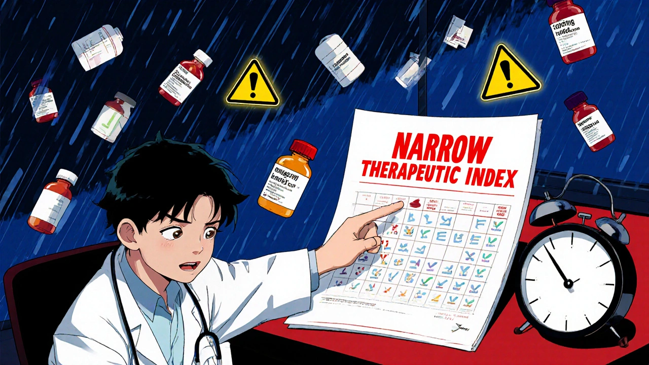 Doctor explaining narrow therapeutic index risks to an epilepsy patient, with seizure and medication icons surrounding them.