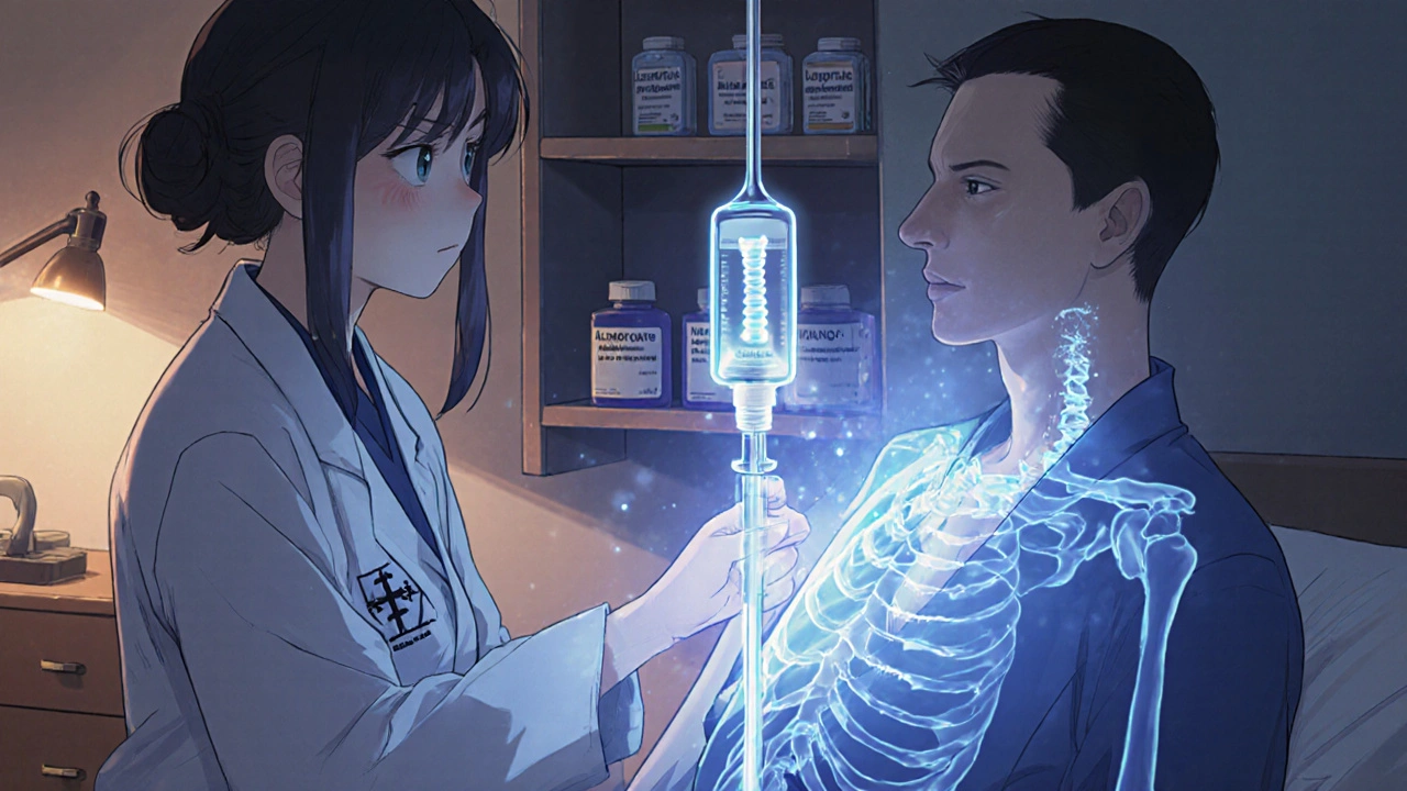 Doctor giving IV bone treatment to patient in a calm hospital room.