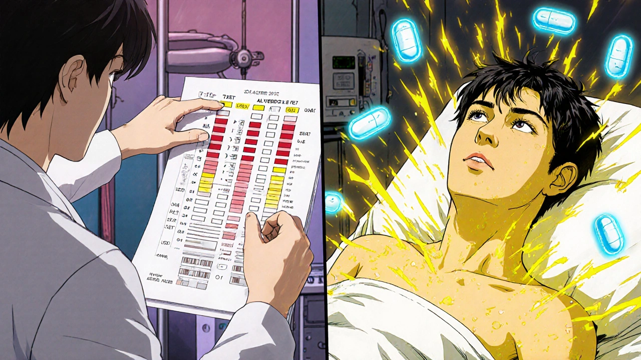 Doctor shows abnormal blood test while patient turns yellow, drugs exploding around them.