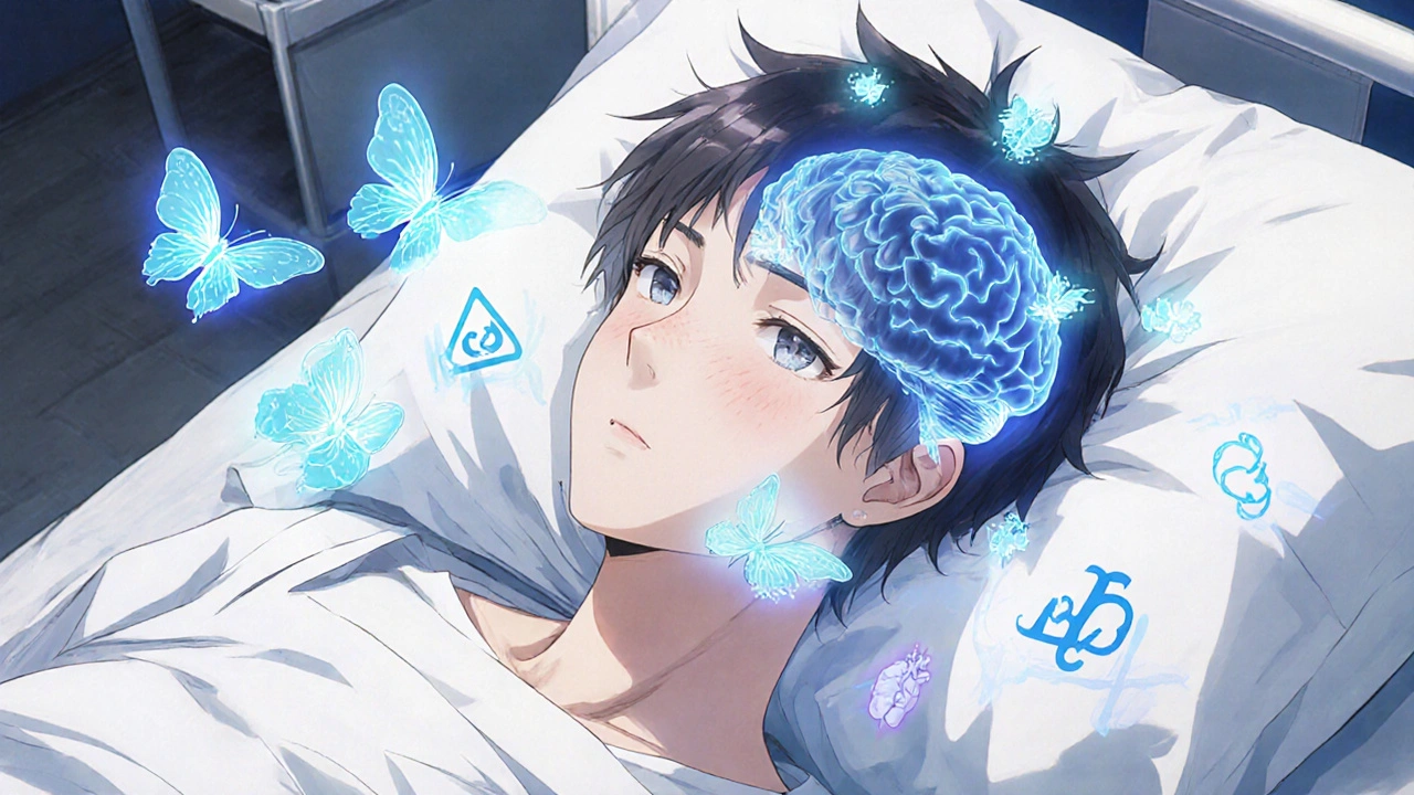 Dragonfly-like tucatinib drugs crossing blood-brain barrier to fight cancer metastases.