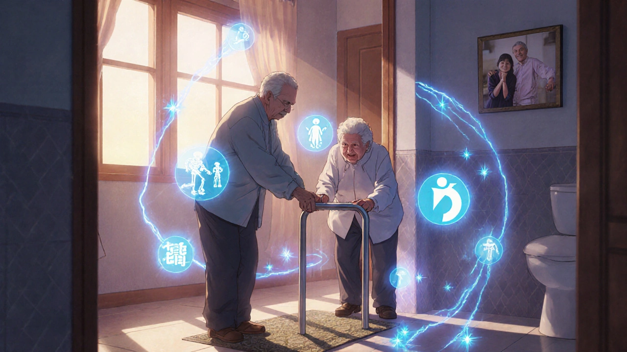 Elderly couple making home safer with glowing safety symbols around them.
