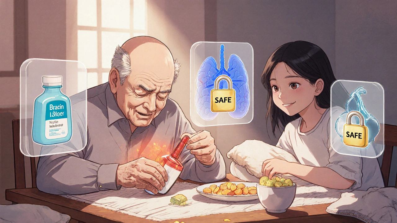 Elderly man swapping painkillers for acetaminophen, family supporting him with heat pad and safety symbols.