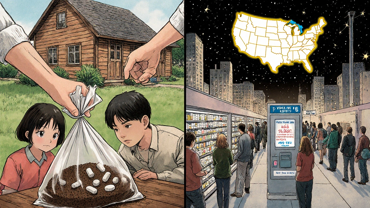 Family disposing meds in trash vs. others using take-back kiosk, U.S. collection map glowing above.