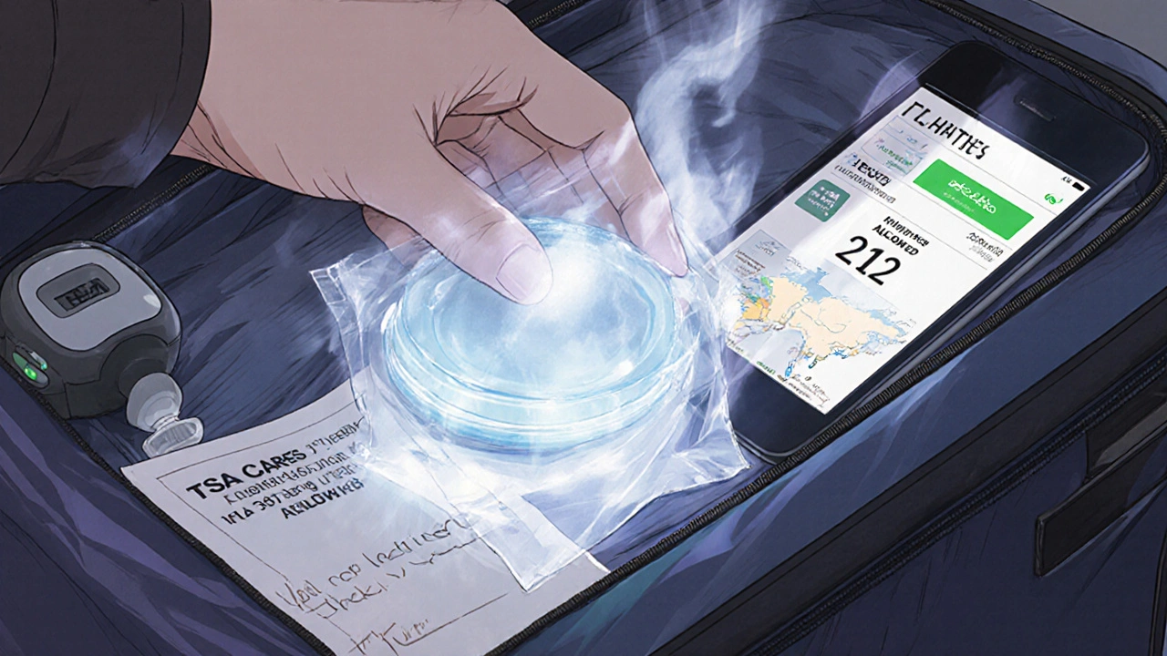Hand placing frozen gel pack beside insulin pump with doctor’s note, TSA app visible in background