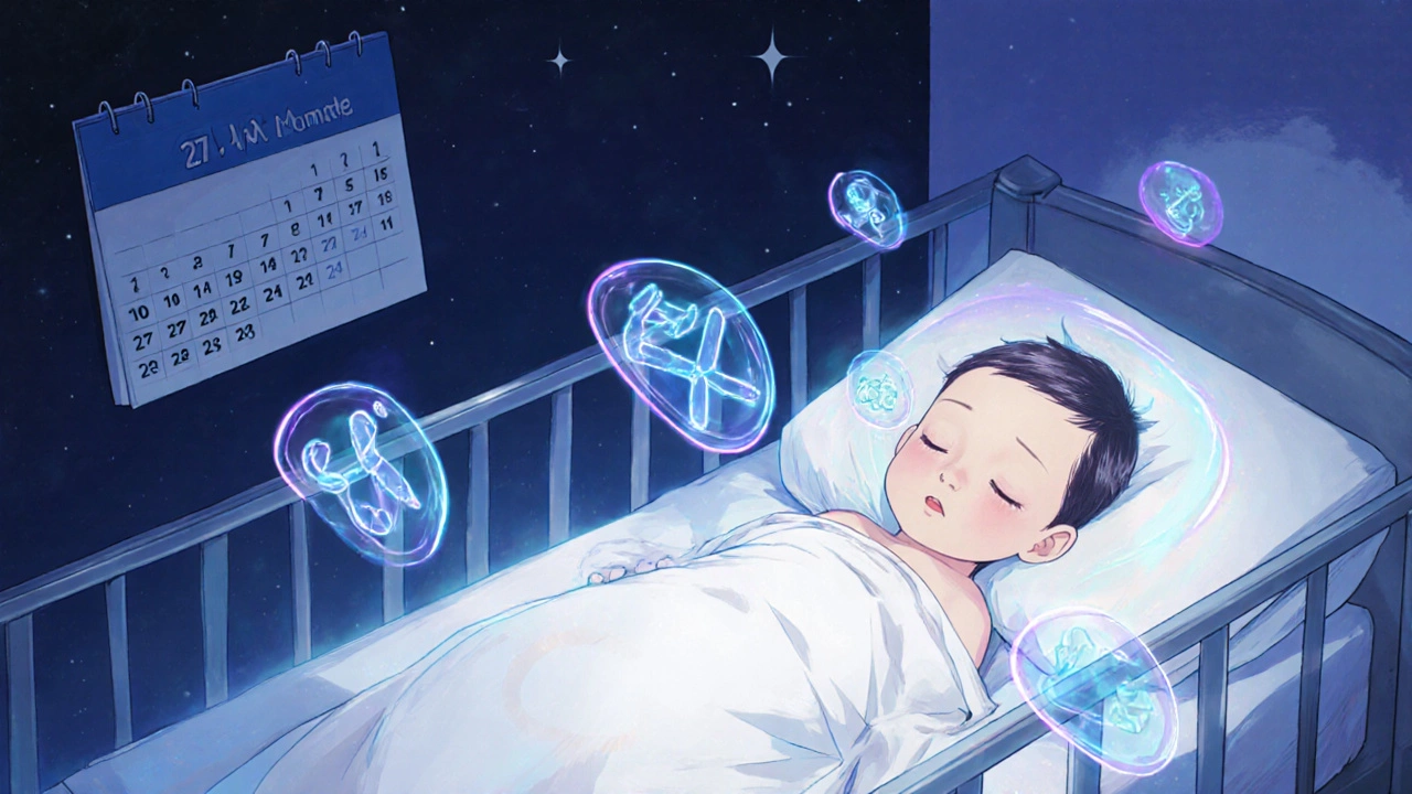 Newborn protected by translucent antibody shields from flu and RSV, night lighting.