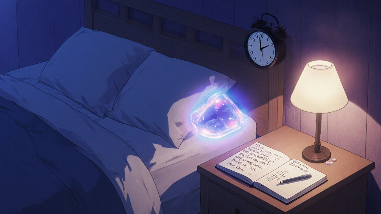 Nighttime routine with patient logging symptoms before bed, taking medication calmly.