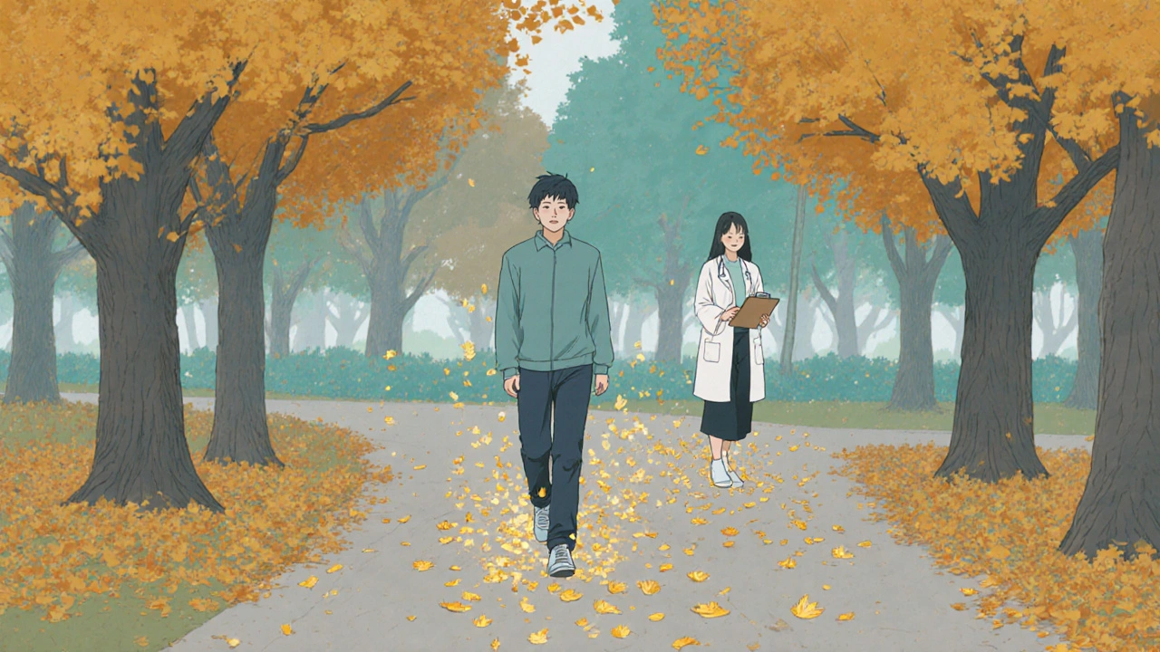 Person walking gently in autumn park, symbolizing improved circulation and reduced fatigue.