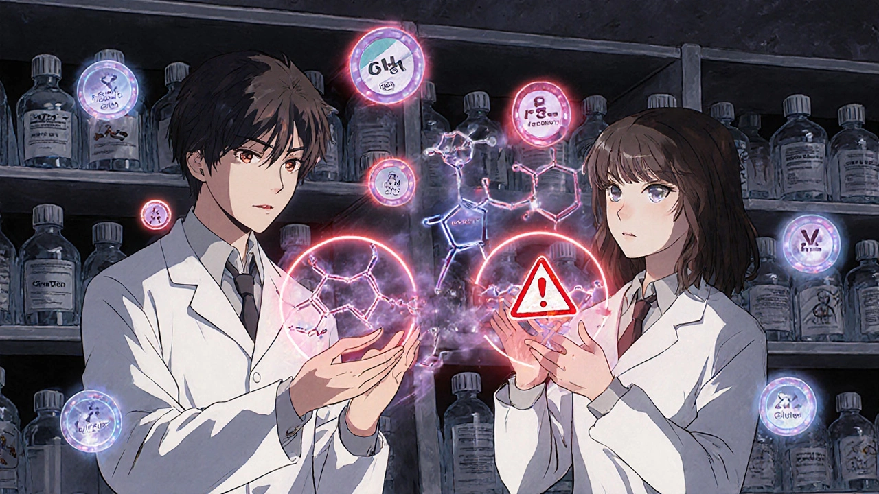 Scientists analyzing holographic inactive ingredients binding to human proteins in a lab.