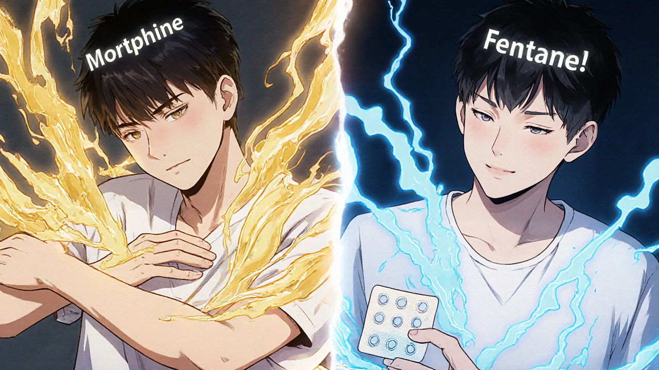 Side-by-side comparison of morphine causing itching and fentanyl with no side effects.