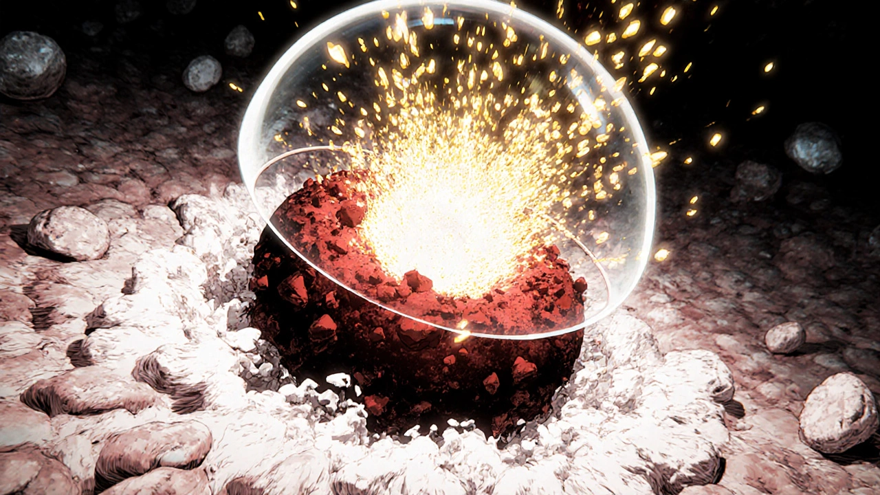 Smart missile destroying cancer cell with chemotherapy particles, healthy cells protected.