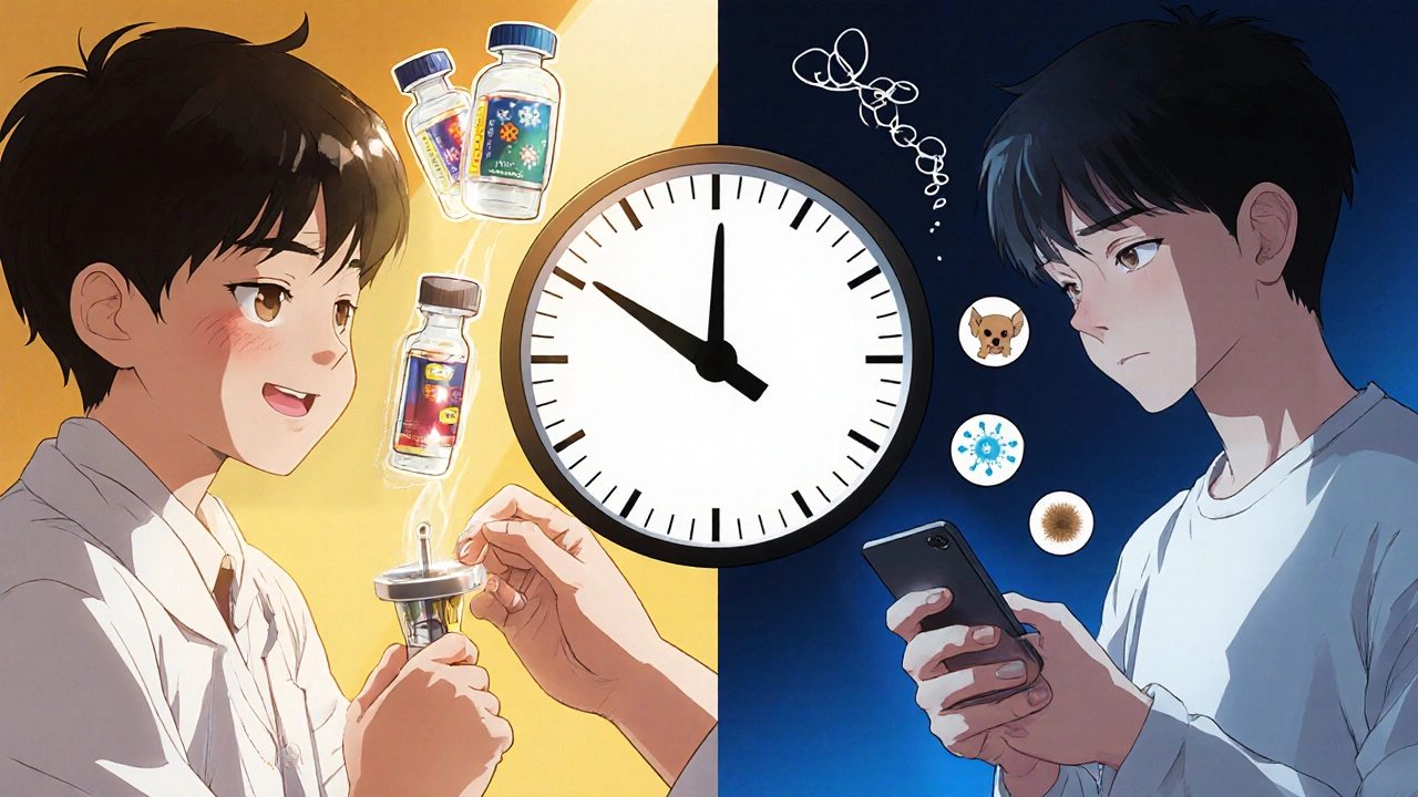 Split scene: child getting shots vs teen with single tablet, symbolizing multi-allergen vs limited treatment.