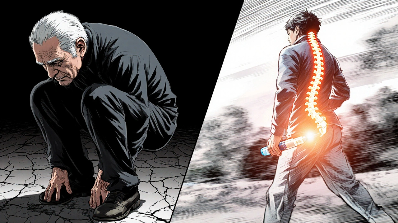 Split scene: frail person with fracture vs. active person with glowing healthy bones.