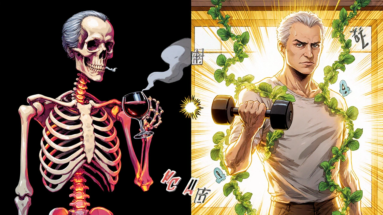 Split scene: man smoking with crumbling bones vs. same man exercising with strong bones.