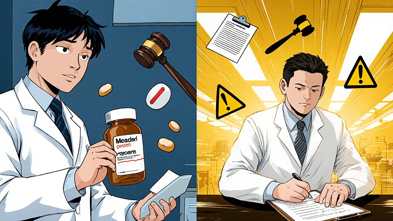 Split scene: pharmacist swapping pills vs. patient signing consent form in pharmacy.
