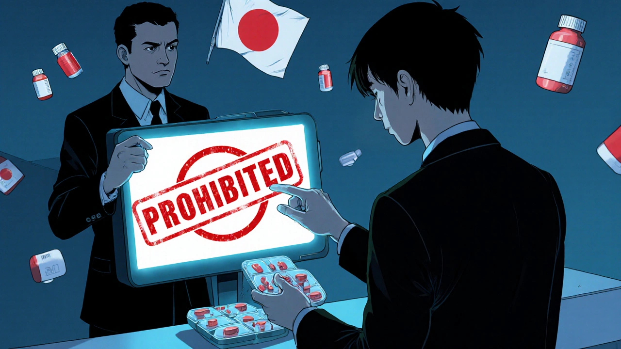 Traveler at international customs with prohibited pill organizer, red prohibition stamp visible