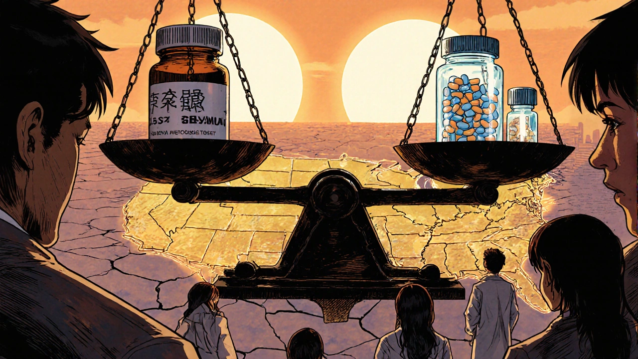 U.S. map scale balancing brand vs. generic drugs, with biosimilars as fragile crystals.