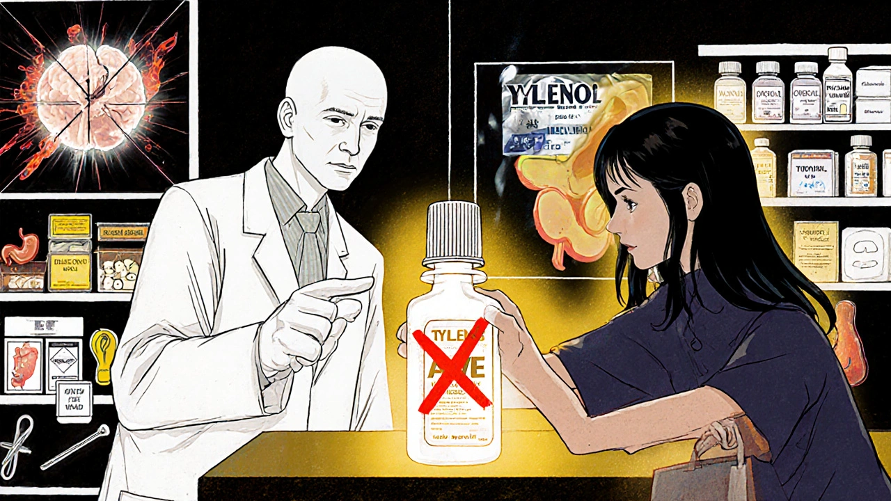 Woman at pharmacy reaching for NSAID, doctor&#039;s ghostly figure stopping her, Tylenol glowing safely beside her.