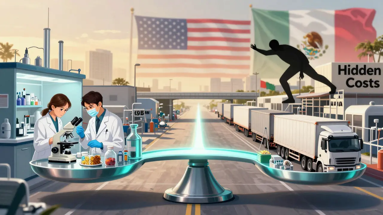 A balanced scale shows U.S. and Mexican manufacturing with a path connecting both.