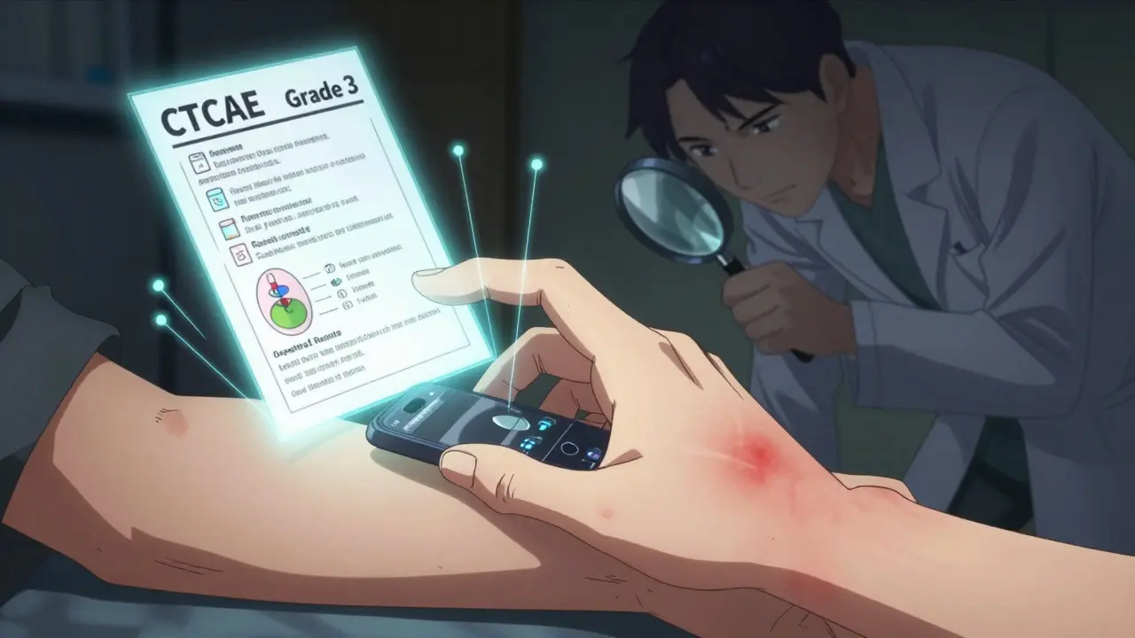 A close-up of someone photographing a rash on their arm with a glowing medical chart nearby.