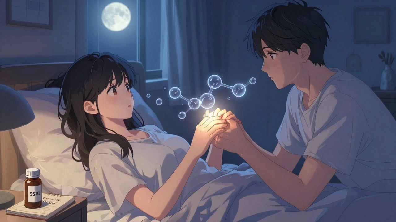 A couple shares a quiet, intimate moment in bed, with serotonin molecules gently fading between them.