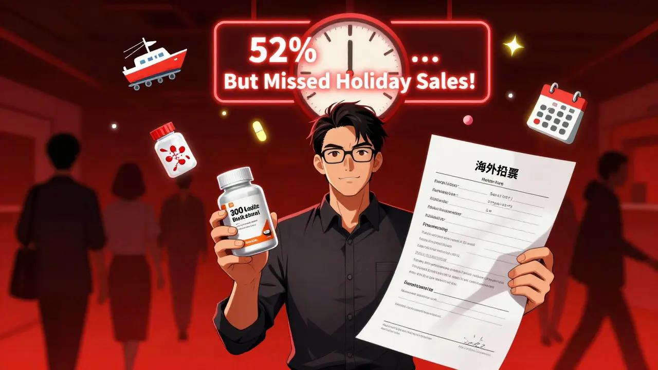 A founder holds a small product batch as warnings flash about missed sales and delays.