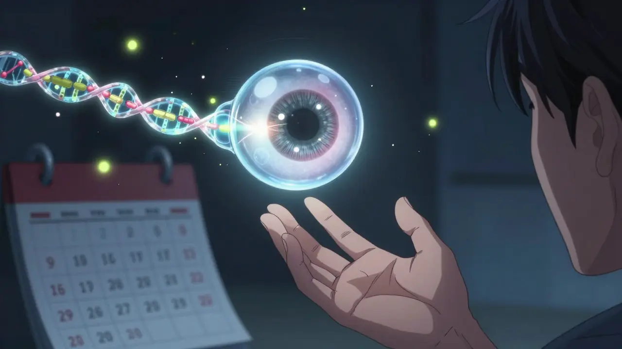 A futuristic implant releasing glowing particles inside an eye, representing next-gen RVO treatment.