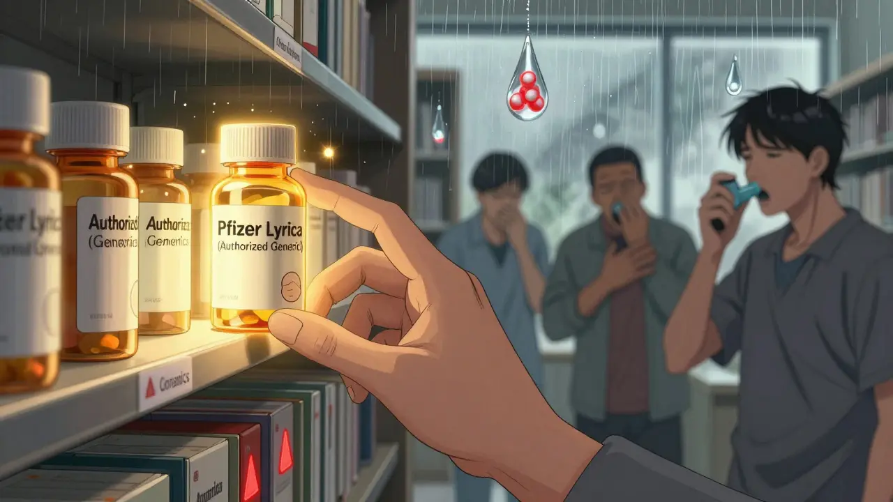 A glowing shelf of authorized generics beside dim, warning-lit shelves of standard generics, with suffering patients in background.