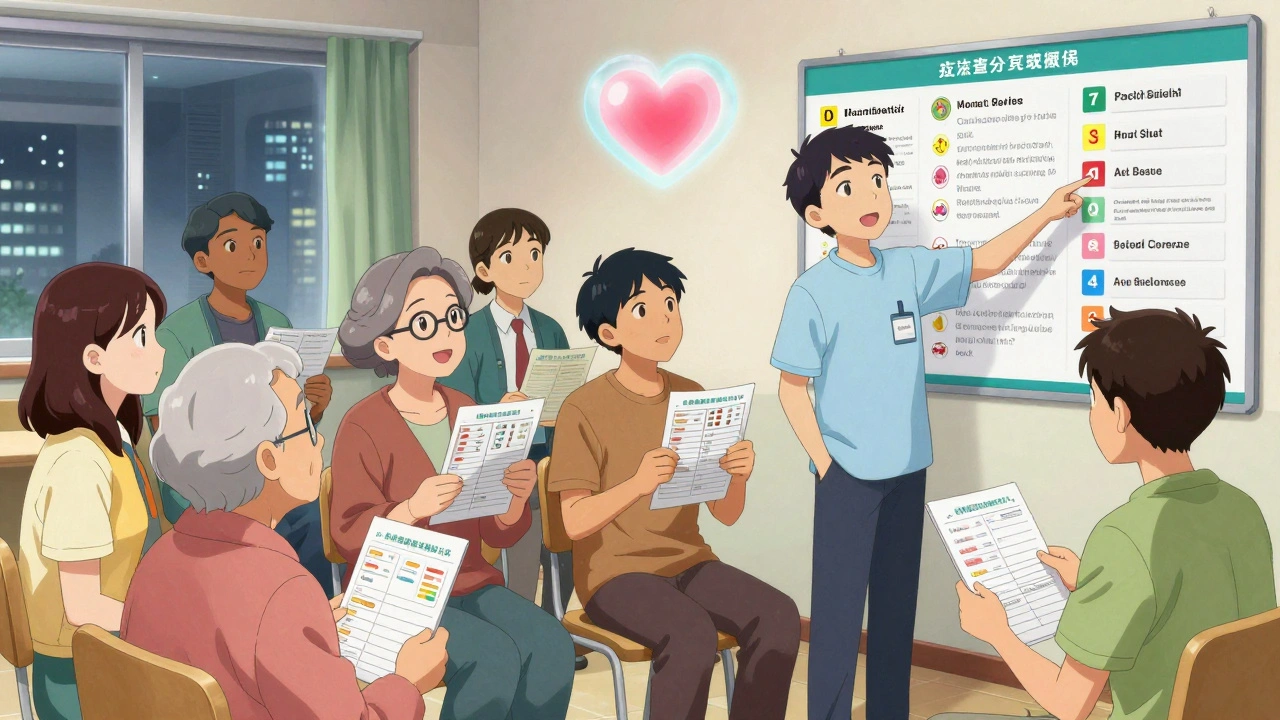 A group of patients learns about medication safety with a community ambassador in a bright community center.