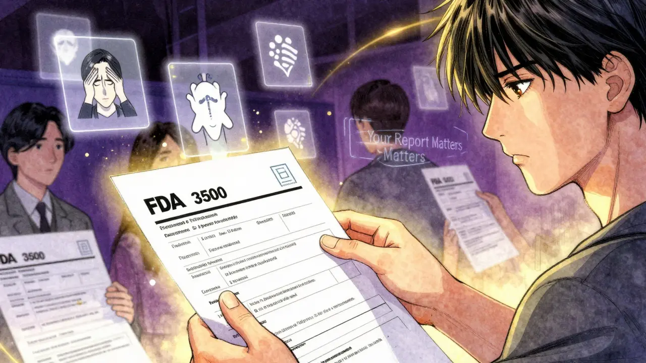 A hand submitting an FDA report form with floating symbols of side effects glowing around it.