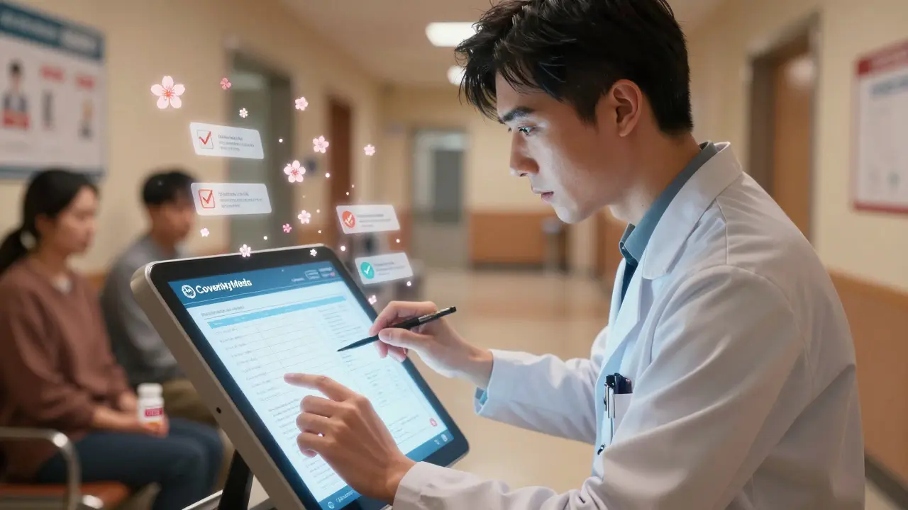 A medical assistant submitting an electronic prior authorization with holographic approval notifications.