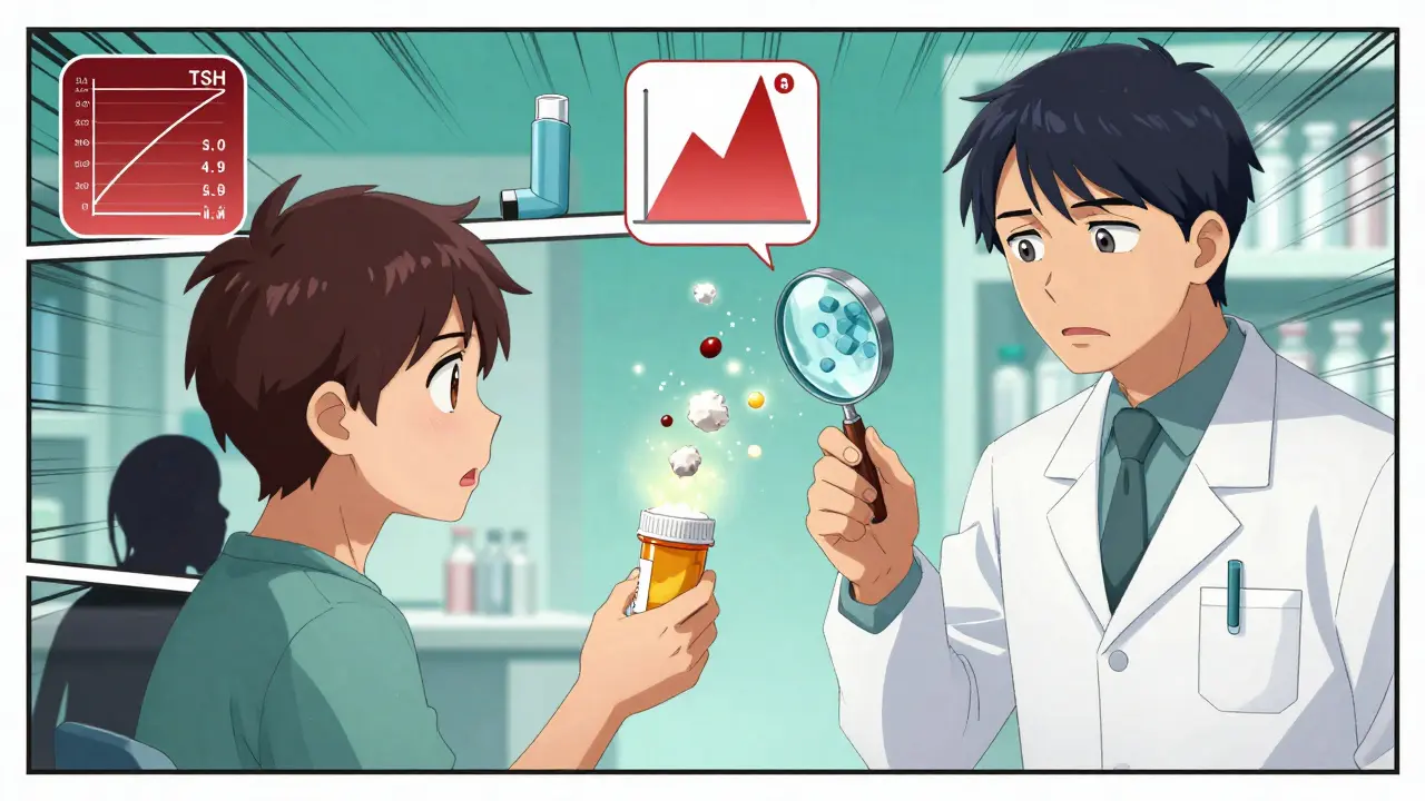 A patient and pharmacist examining microscopic differences in medication ingredients, with floating health data icons.