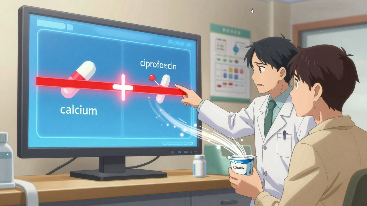 A pharmacist shows a patient a digital screen warning about ciprofloxacin and calcium interaction.