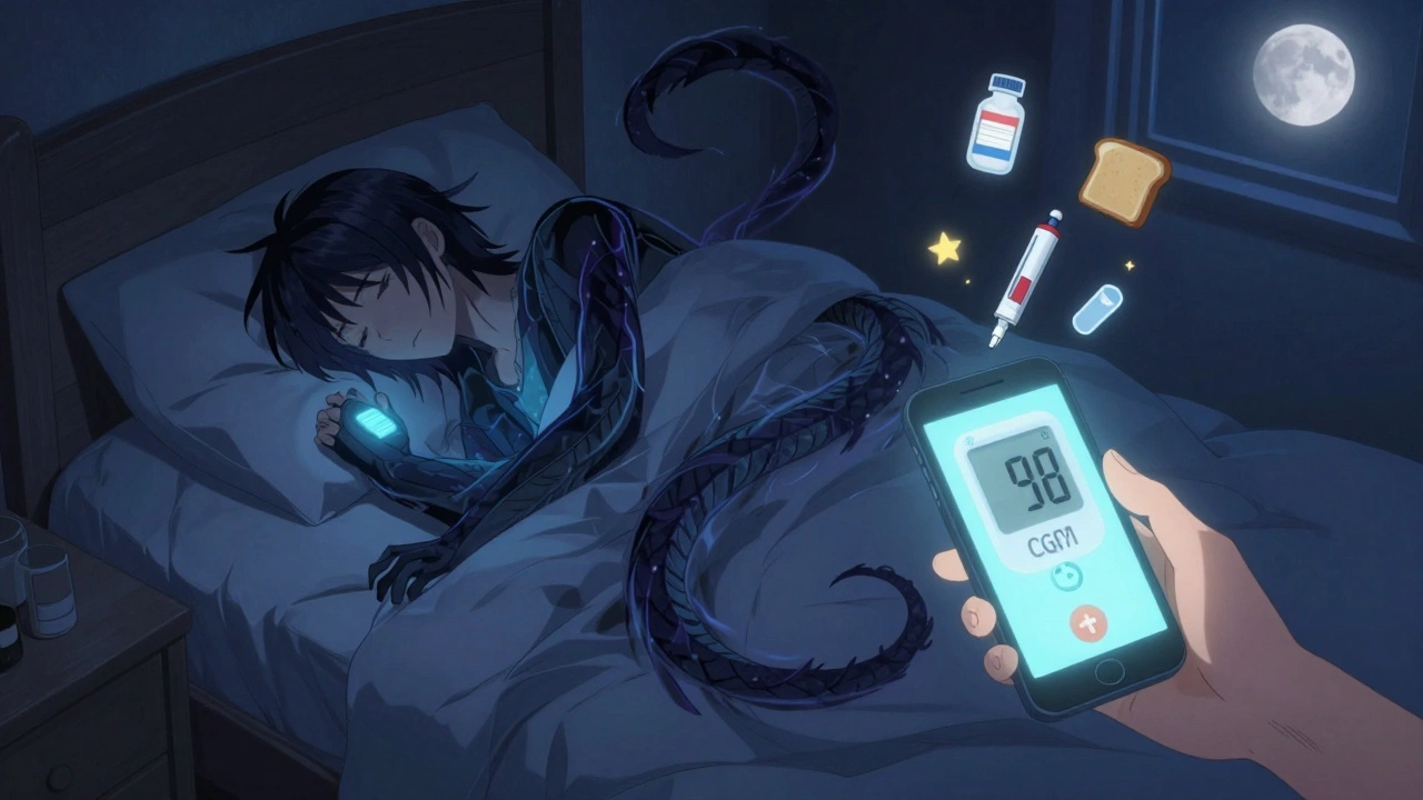 A sleeping person with a shadowy hypoglycemia figure looming over them, a glucagon pen glowing in the moonlight.