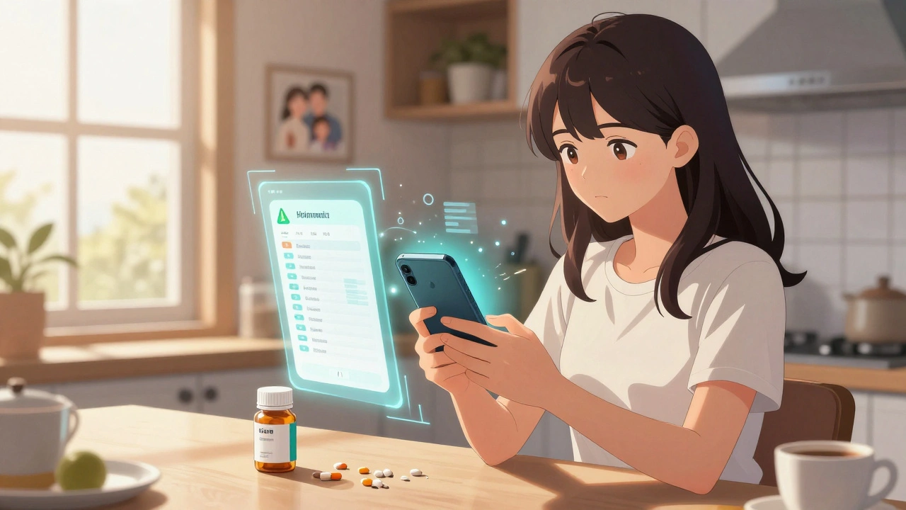 A woman scans a pill bottle with her phone while sunlight shines on her kitchen counter.