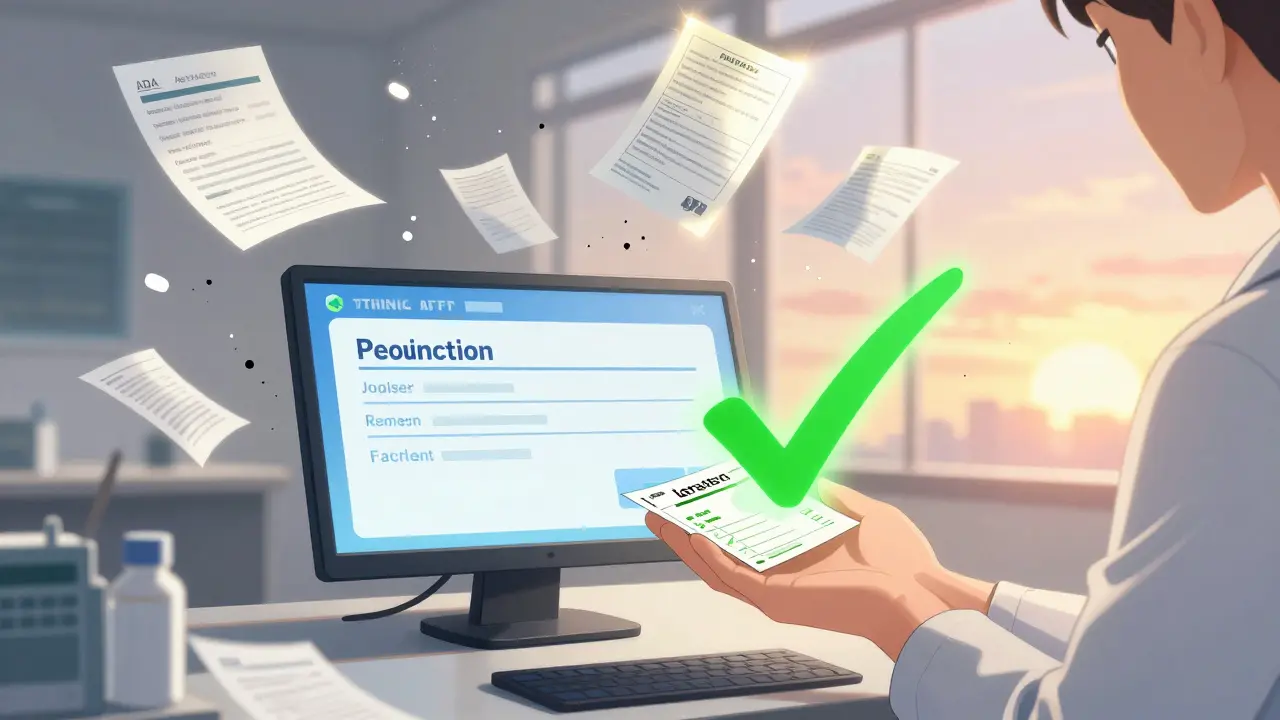 An AI system auto-approving a generic drug request as bureaucratic forms dissolve into ash.