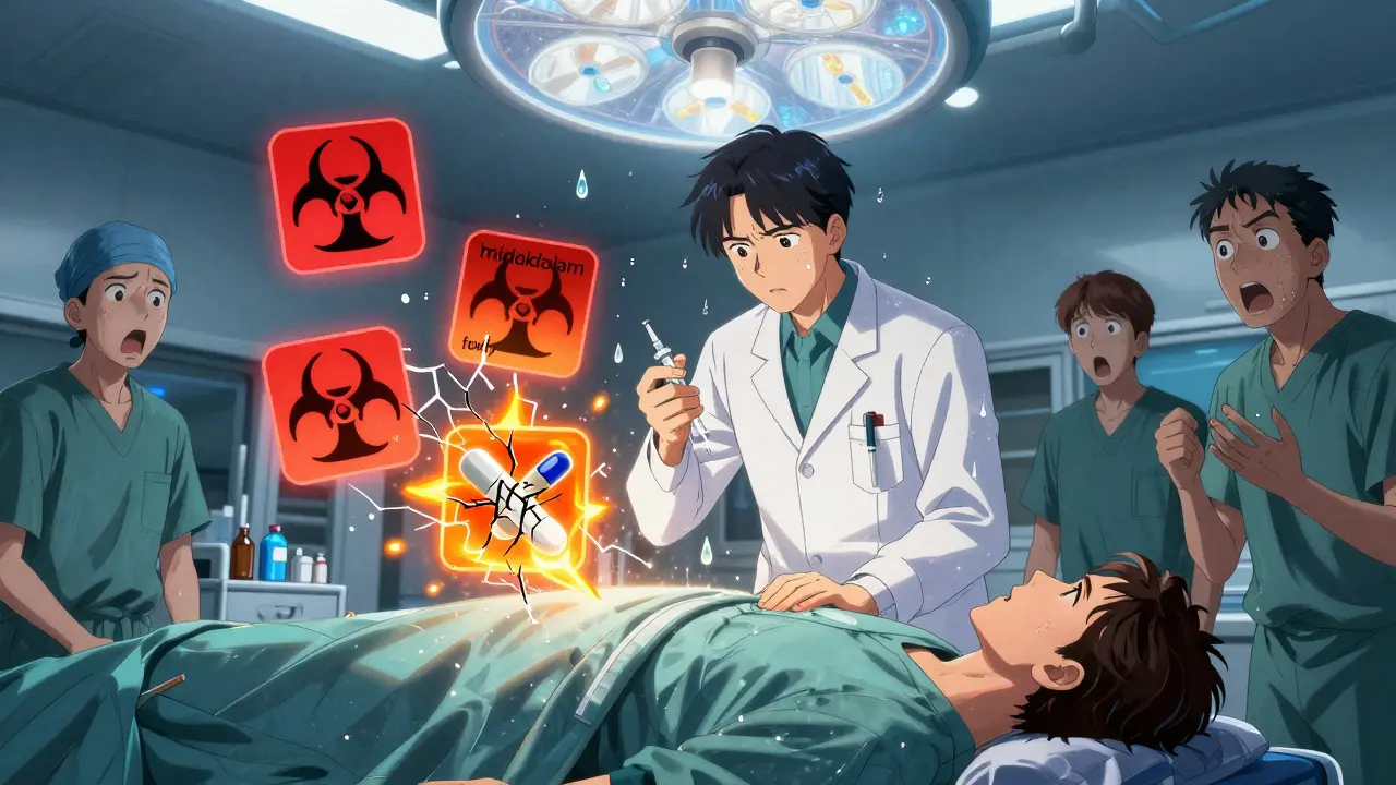 An anesthesiologist pausing in an operating room as dangerous drug interaction warnings glow around a patient.