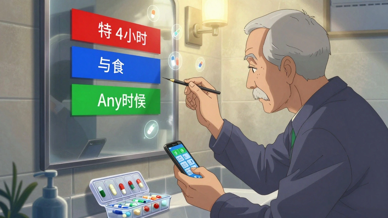 An elderly man tapes a color-coded medication schedule to his bathroom mirror with pill organizer nearby.
