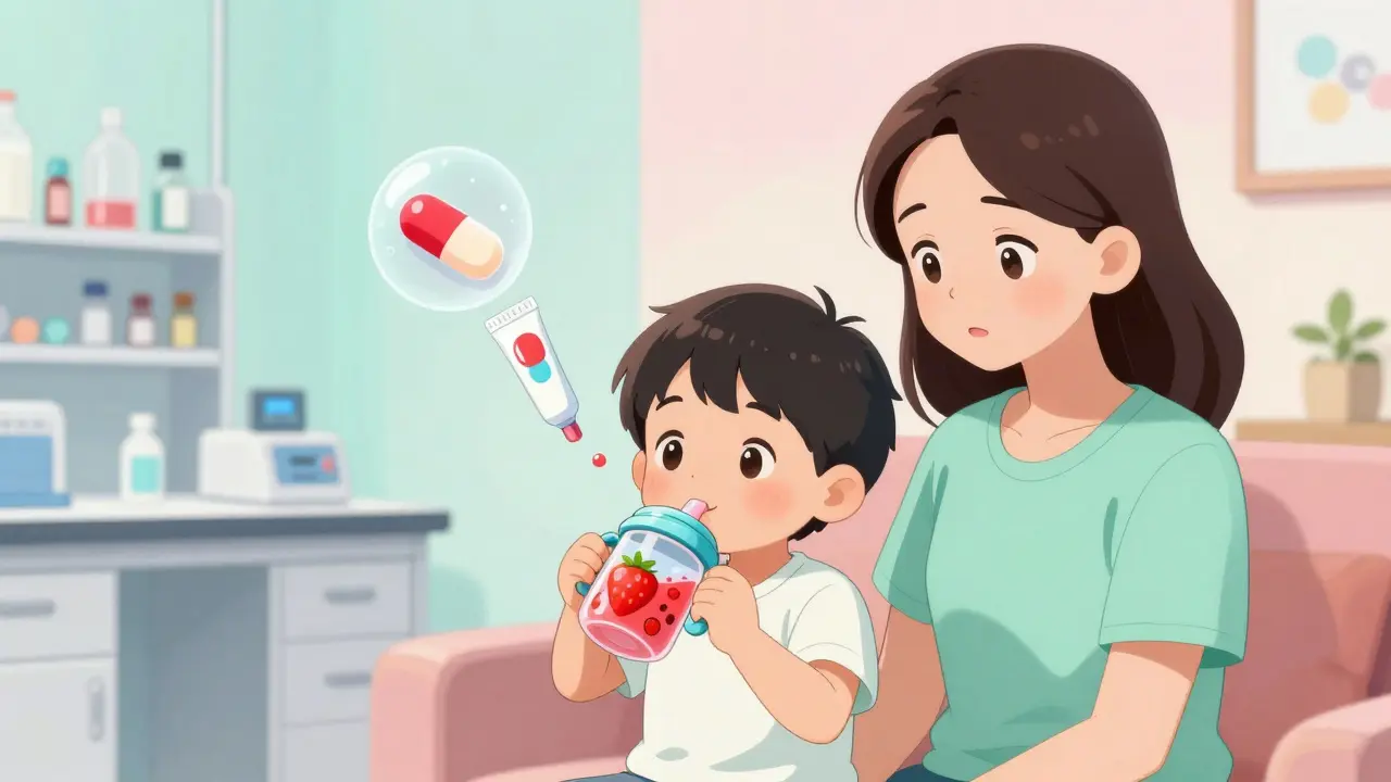 Child drinking flavored liquid medicine while mother smiles, lab and home scenes blending in background.