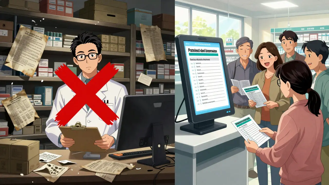 Contrasting pharmacy scenes: cluttered old system vs. clean new PMI printing kiosk.